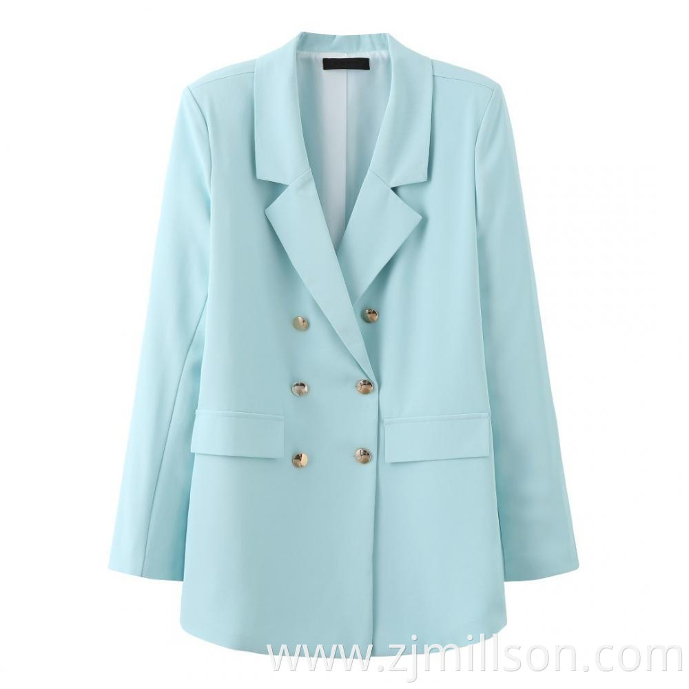 Women Blue Button Turn Down Collar Blazer